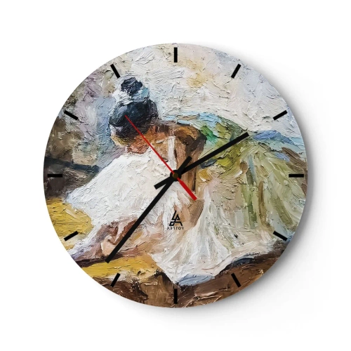 Ceas de perete - Ceas pe sticlă - O dansatoare de balet într-o rochie albă, reprezentată în stil impresionist. - 30x30cm - Dintr-un tablou de Degas - Decorațiune modernă pentru perete pentru living, bucătărie și dormitor ARTTOR