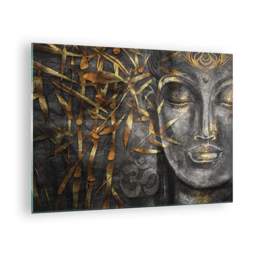 Tablou pe sticlă - Imagine de Buddha de aur pe un fundal de bambus - 70x50cm - Simțiți pacea - Decorațiune modernă pentru perete pentru living și dormitor ARTTOR