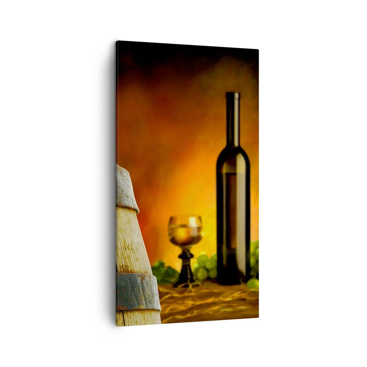Tablou pe pânză - Natură moartă cu o sticlă de vin și un ciorchine de struguri - 45x80 cm