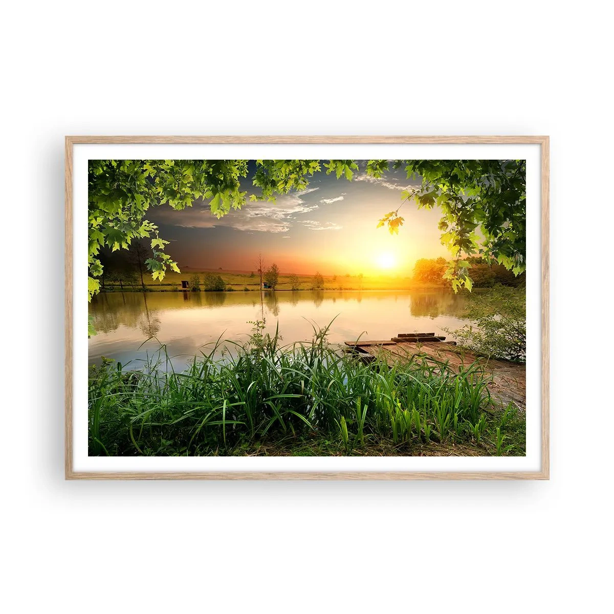 Poster în ramă de stejar deschis - Peisaj într-un cadru verde - 100x70 cm