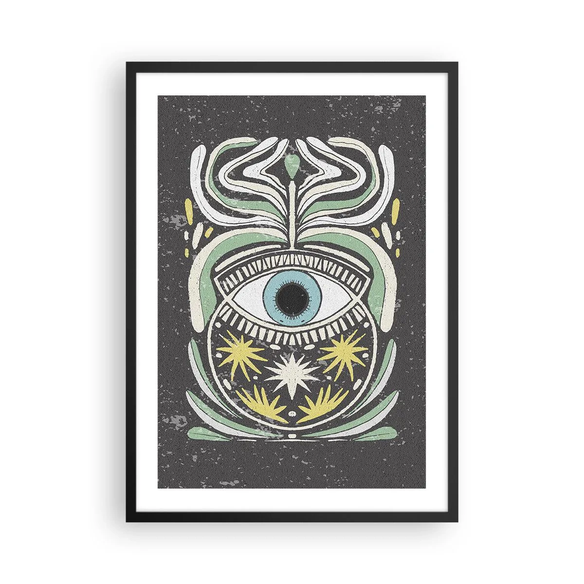 Poster în ramă neagră - Un ochi simbolic înconjurat de modele vegetale pe un fundal întunecat. - 50x70cm - Ritualuri tribale - Decorațiune modernă pentru perete pentru living și dormitor ARTTOR