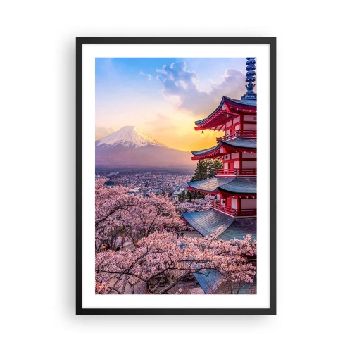 Poster în ramă neagră - pagodă cu vedere la Muntele Fuji, înconjurată de flori de cireș la apus - 50x70cm - Esența spiritului japonez - Decorațiune modernă pentru perete pentru living și dormitor ARTTOR
