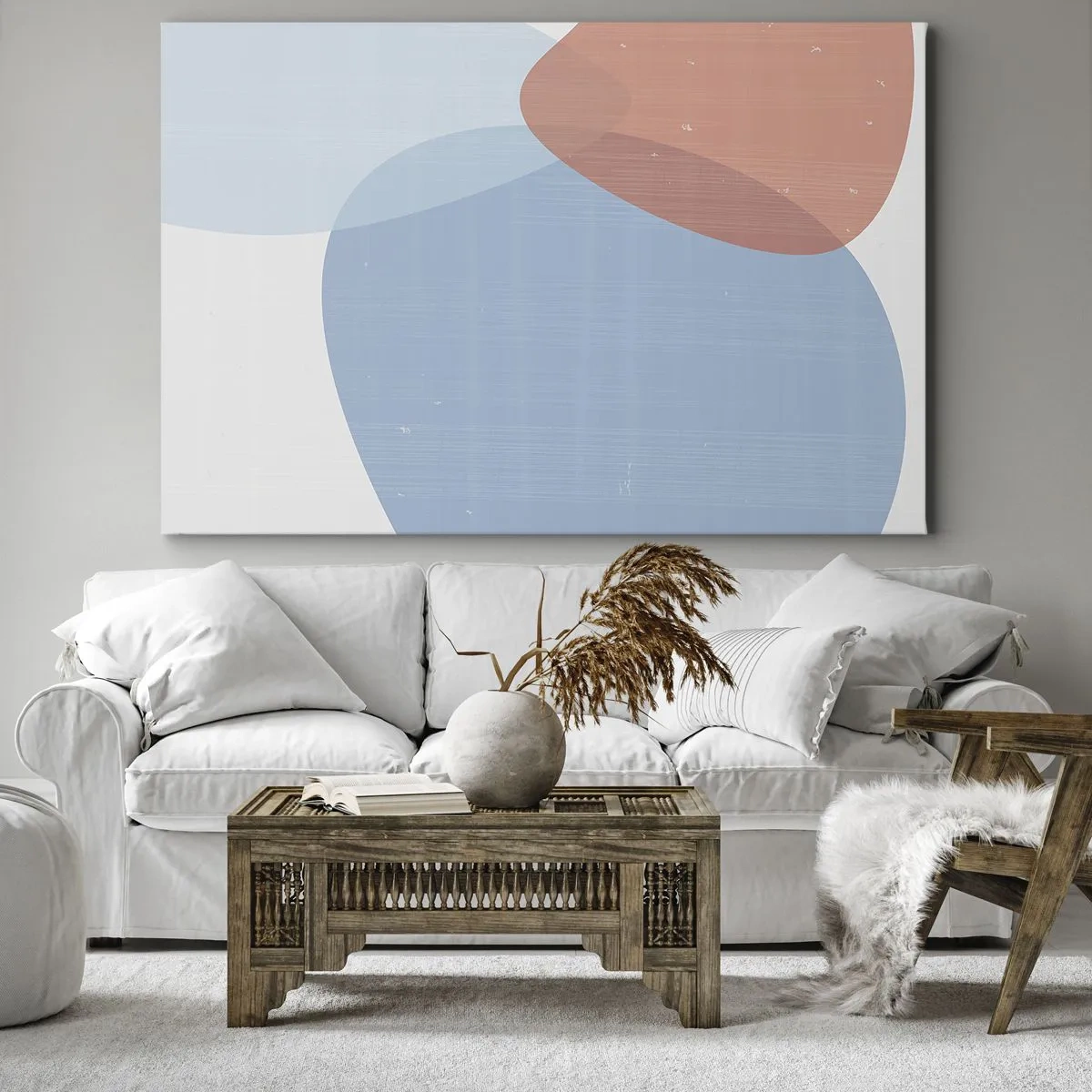 Tablou pe pânză Canvas - compoziție abstractă în nuanțe pastelate de albastru și roz, cu forme organice. - 70x50cm - Relații pastelate - Decorațiune modernă pentru perete pentru living și dormitor ARTTOR