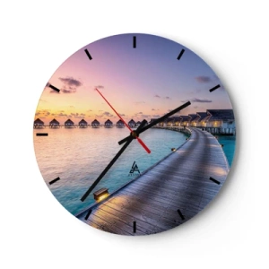 Ceas de perete - Ceas pe sticlă - O potecă de-a lungul plajei cu bungalouri pe fundalul apusului de soare - 30x30cm - Vacanță - înapoi la sursă - Decorațiune modernă pentru perete pentru living, bucătărie și dormitor ARTTOR