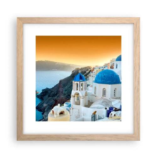 Poster în ramă de stejar deschis - Santorini - îmbrățișat de stânci - 30x30 cm