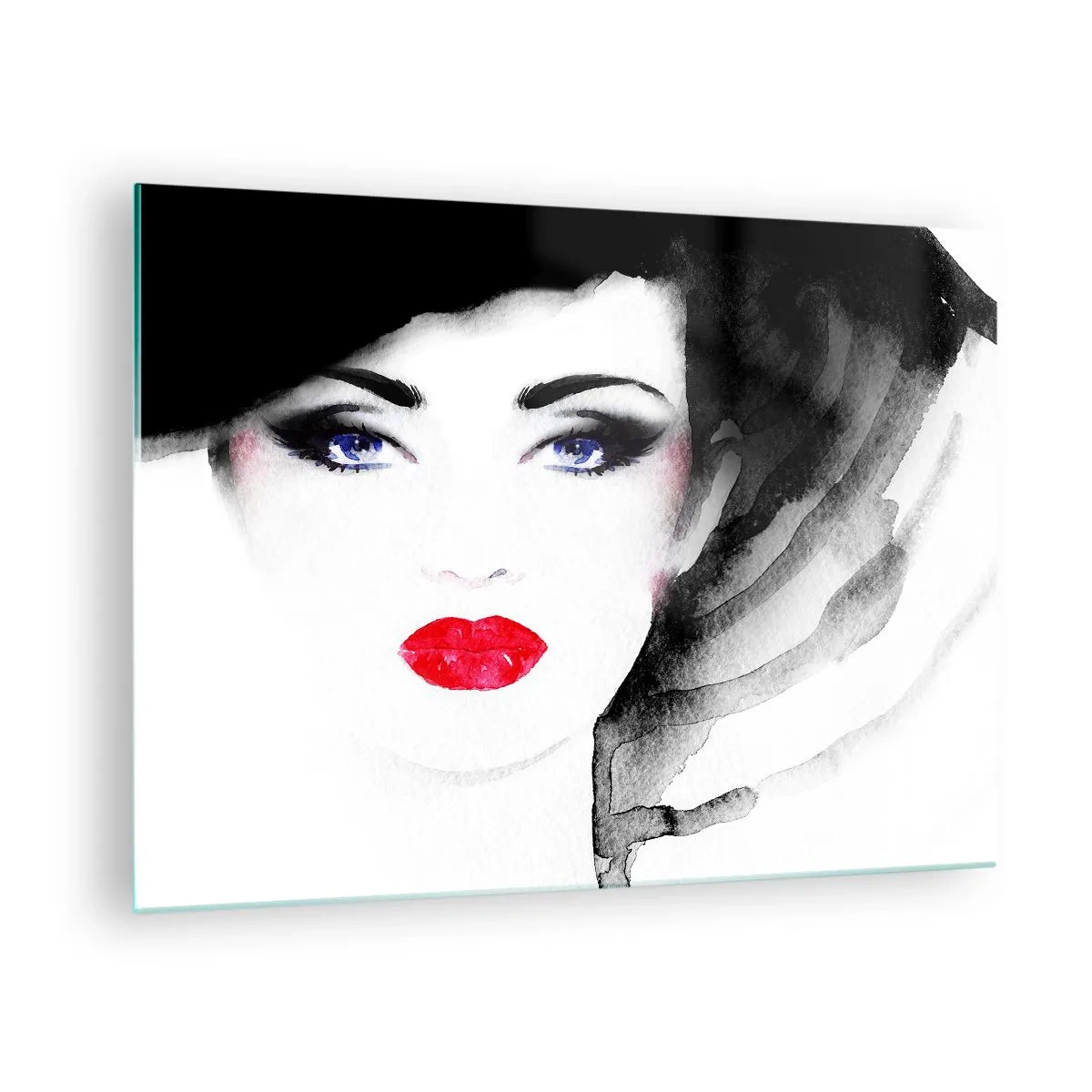 Tablou pe sticlă - Portretul unei femei cu buze roșii expresive și o pălărie neagră - 70x50cm - Respinge și cheamă - Decorațiune modernă pentru perete pentru living și dormitor ARTTOR