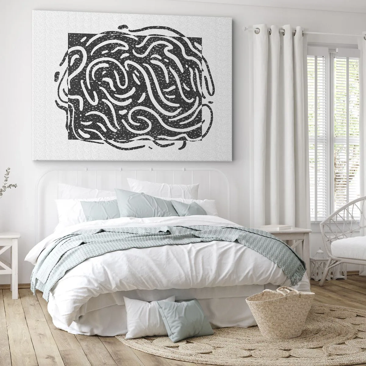 Tablou pe pânză Canvas - Abstracție alb-negru în stil geometric - 70x50cm - Abstracție: dansul bucuriei - Decorațiune modernă pentru perete pentru living și dormitor ARTTOR