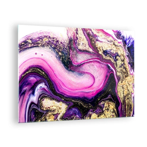 Tablou pe sticlă - O compoziție abstractă în nuanțe de violet și auriu. - 70x50cm - Un moment în culise - Decorațiune modernă pentru perete pentru living și dormitor ARTTOR