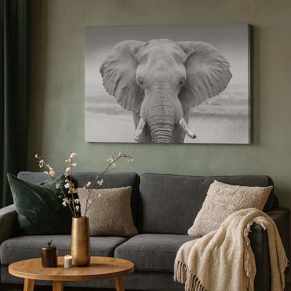 Tablou pe pânză Canvas - Portretul unui elefant în alb și negru - 70x50cm - Bun venit în lumea mea - Decorațiune modernă pentru perete pentru living și dormitor ARTTOR