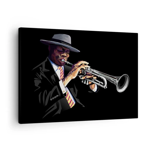 Tablou pe pânză Canvas - Un muzician cântând la trompetă pe un fundal negru - 70x50cm - Farmecul unei școli vechi - Decorațiune modernă pentru perete pentru living și dormitor ARTTOR