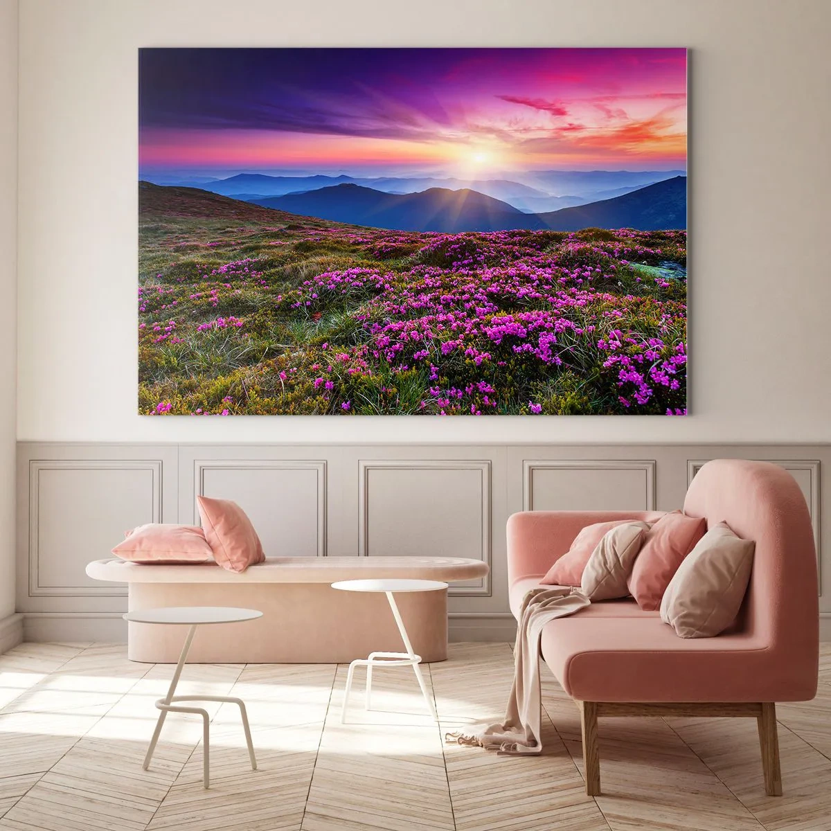 Tablou pe sticlă - Peisaj montan cu erică la apus - 70x50cm - Ierburile proaspete miroseau puternic - Decorațiune modernă pentru perete pentru living și dormitor ARTTOR