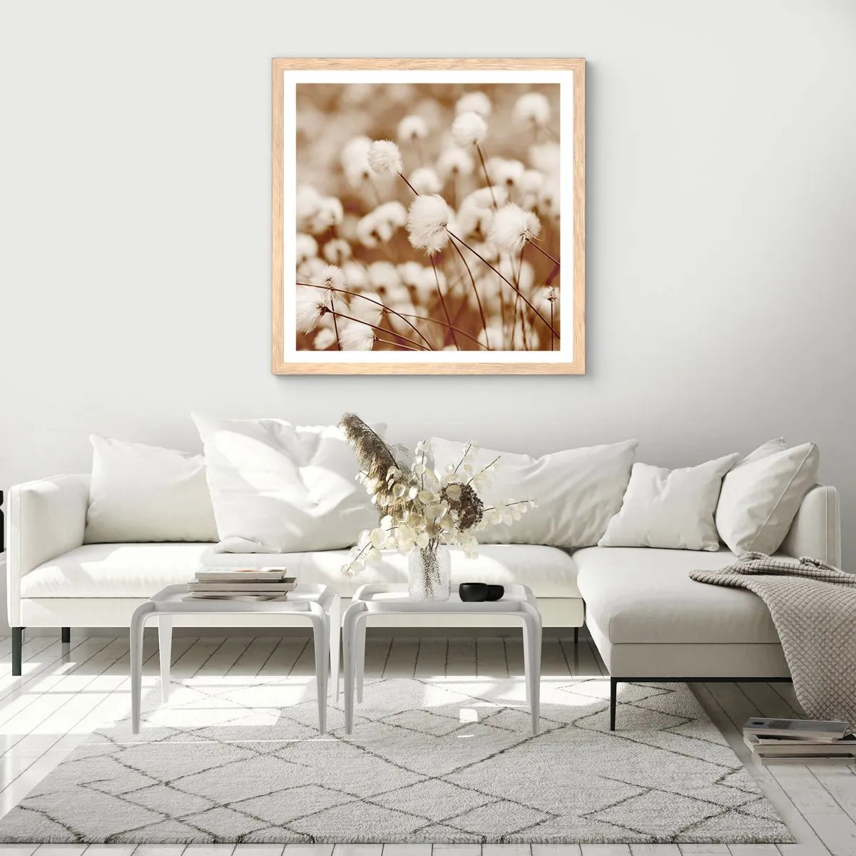 Poster în ramă de stejar deschis - Câmp pufos - 60x60 cm