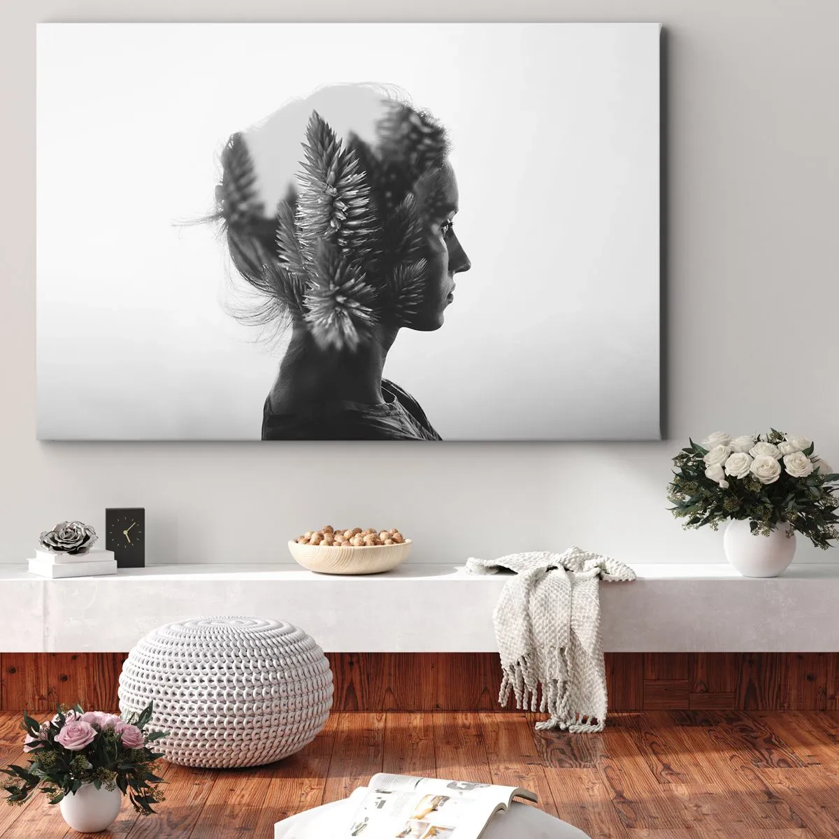 Tablou pe pânză Canvas - Un portret subtil cu elemente din natură - 70x50cm - Doamna din pădurea de pini - Decorațiune modernă pentru perete pentru living și dormitor ARTTOR