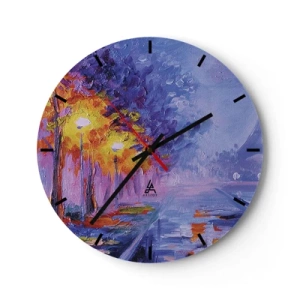 Ceas de perete - Ceas pe sticlă - Peisaj impresionist cu lămpi și copaci colorați - 30x30cm - O plimbare de vis - Decorațiune modernă pentru perete pentru living, bucătărie și dormitor ARTTOR