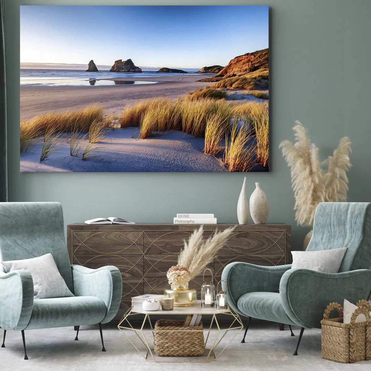 Tablou pe pânză Canvas - O plajă pitorească cu vedere la stânci și la mare la apus - 70x50cm - Pentru cei care caută pacea - Decorațiune modernă pentru perete pentru living și dormitor ARTTOR