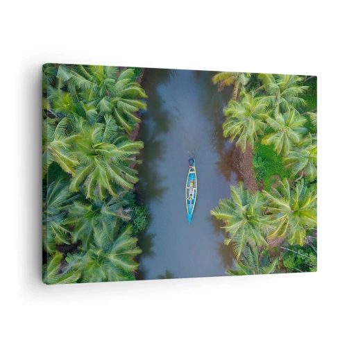 Tablou pe pânză Canvas - O vedere de sus a unei bărci pe un râu înconjurată de palmieri - 70x50cm - Pe traseul tropical - Decorațiune modernă pentru perete pentru living și dormitor ARTTOR