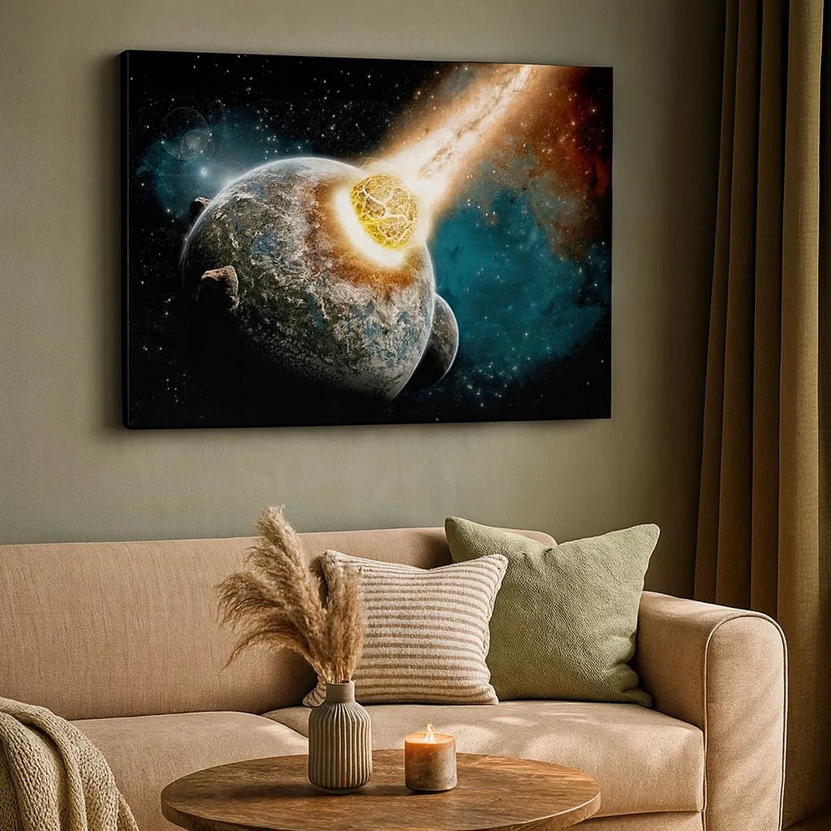 Tablou pe pânză Canvas - Coliziune cosmică a unei planete cu un asteroid în vecinătatea galaxiei. - 70x50cm - Anihilare sau naștere? - Decorațiune modernă pentru perete pentru living și dormitor ARTTOR