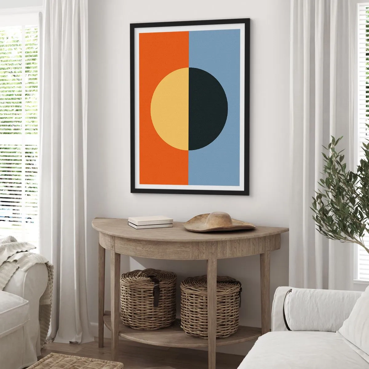 Poster în ramă neagră - Compoziție geometrică cu cerc și culori contrastante - 50x70cm - O compoziție de căldură și răcoare - Decorațiune modernă pentru perete pentru living și dormitor ARTTOR