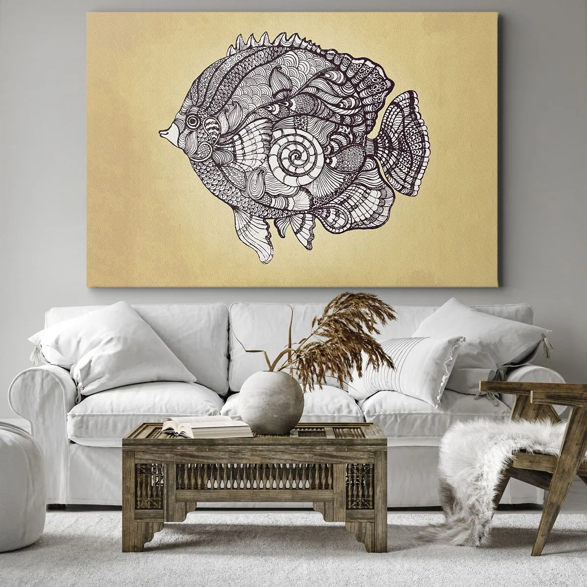 Tablou pe pânză Canvas - Pești decorativi în stil de desen cu modele - 70x50cm - Dintr-un ocean de ornamente - Decorațiune modernă pentru perete pentru living și dormitor ARTTOR