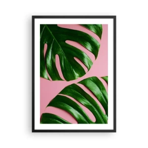 Poster în ramă neagră - Frunze de Monstera pe un fundal roz în stil minimalist - 50x70cm - Întâlnire verde - Decorațiune modernă pentru perete pentru living și dormitor ARTTOR