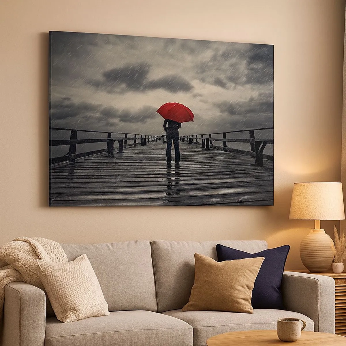 Tablou pe pânză Canvas - O persoană cu o umbrelă roșie pe un dig ploios - 70x50cm - Nu e nimic dacă plouă - Decorațiune modernă pentru perete pentru living și dormitor ARTTOR