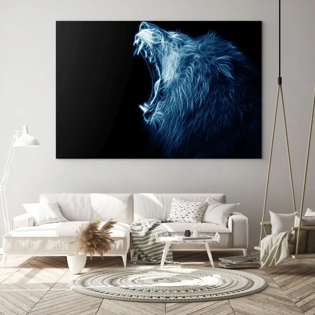Tablou pe sticlă - O reprezentare neon izbitoare a unui leu care răcnește pe un fundal negru. - 70x50cm - Mânia înflăcărată a regelui - Decorațiune modernă pentru perete pentru living și dormitor ARTTOR
