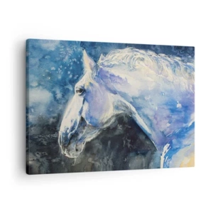 Tablou pe pânză Canvas - Un portret al unui cal în nuanțe de albastru cu efect pictural de acuarelă. - 70x50cm - Portret într-o strălucire albastră - Decorațiune modernă pentru perete pentru living și dormitor ARTTOR
