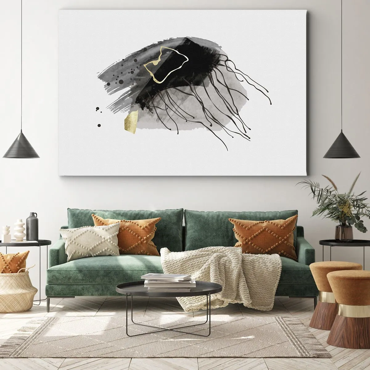 Tablou pe pânză Canvas - O compoziție abstractă cu accente de negru și auriu. - 70x50cm - Negru și aur - Decorațiune modernă pentru perete pentru living și dormitor ARTTOR