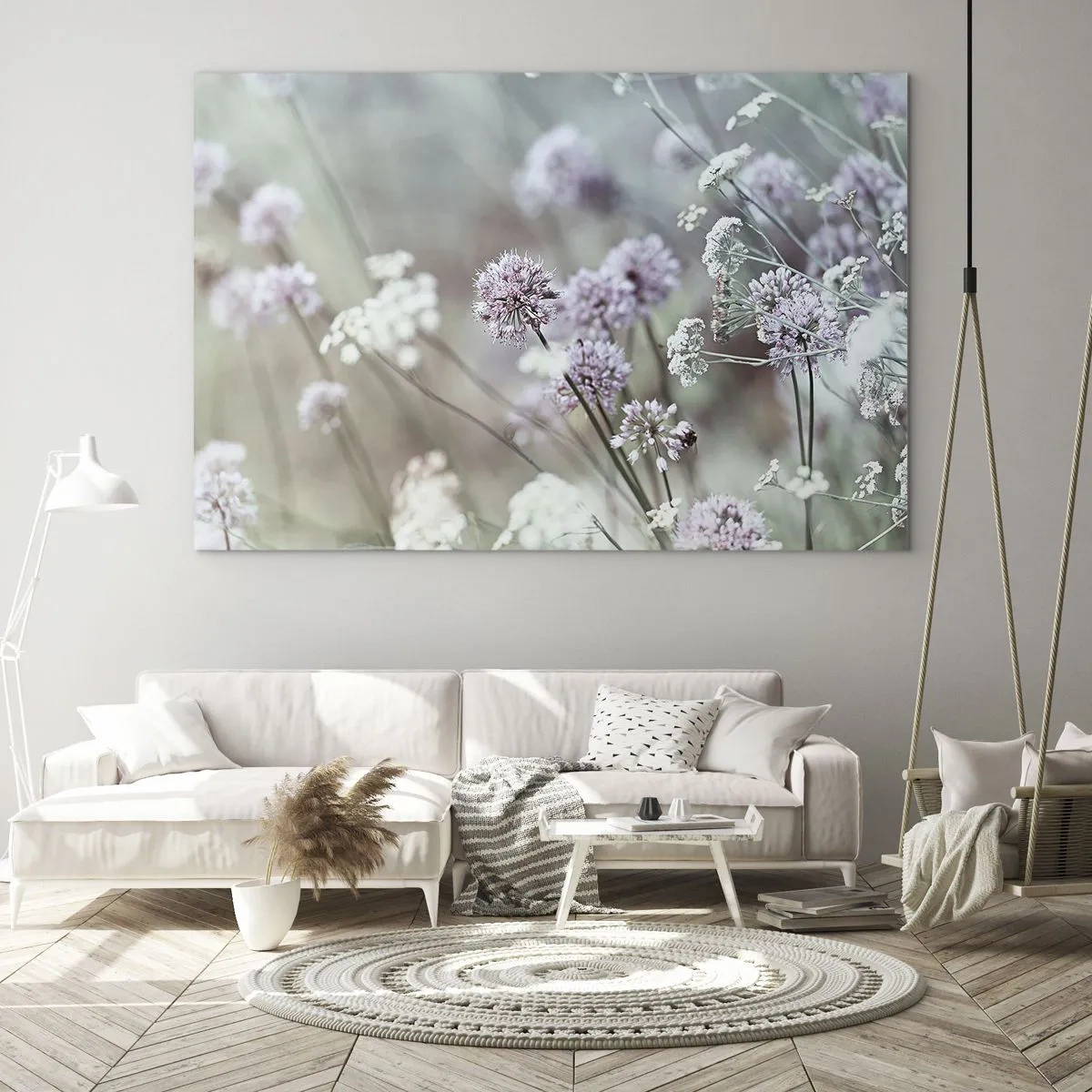 Tablou pe sticlă - Flori sălbatice delicate în nuanțe pastelate - 70x50cm - Ierburi dulci filigranate - Decorațiune modernă pentru perete pentru living și dormitor ARTTOR