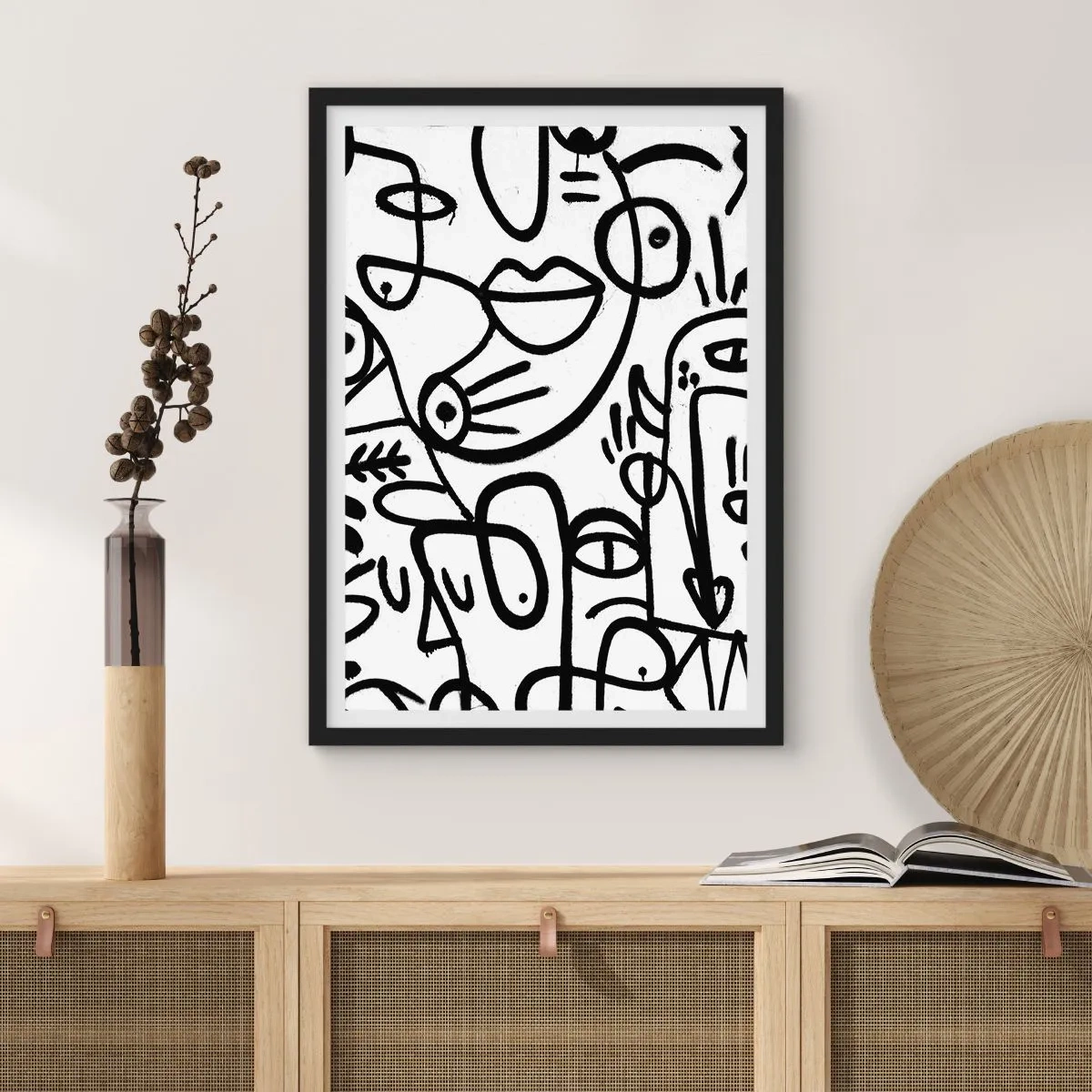 Poster în ramă neagră - Linii negre abstracte pe fundal alb - 50x70cm - Chipuri și miraje - Decorațiune modernă pentru perete pentru living și dormitor ARTTOR