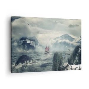 Tablou pe pânză Canvas - Un peisaj misterios cu un castel, munți și o navă - 70x50cm - Pe ape magice - Decorațiune modernă pentru perete pentru living și dormitor ARTTOR