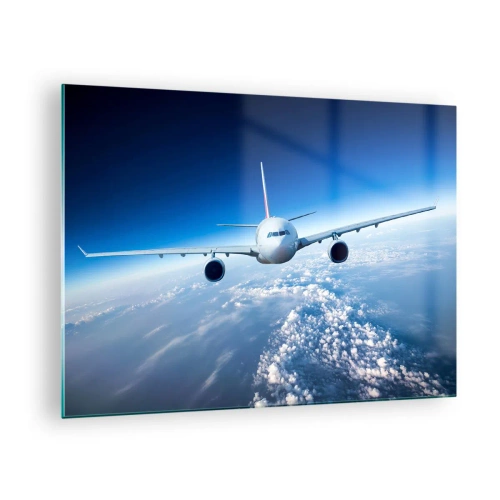Tablou pe sticlă - Un avion de pasageri pe un cer albastru și nori - 70x50cm - Zbor pentru că vreau - Decorațiune modernă pentru perete pentru living și dormitor ARTTOR