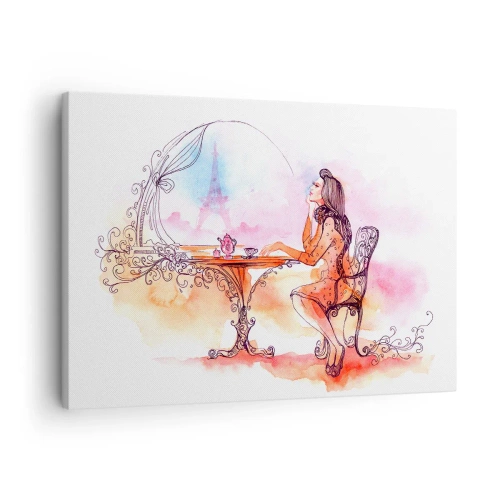 Tablou pe pânză Canvas - Acuarelă romantică a unei femei într-o cafenea cu vedere la un turn - 70x50cm - Șic parizian - Decorațiune modernă pentru perete pentru living și dormitor ARTTOR