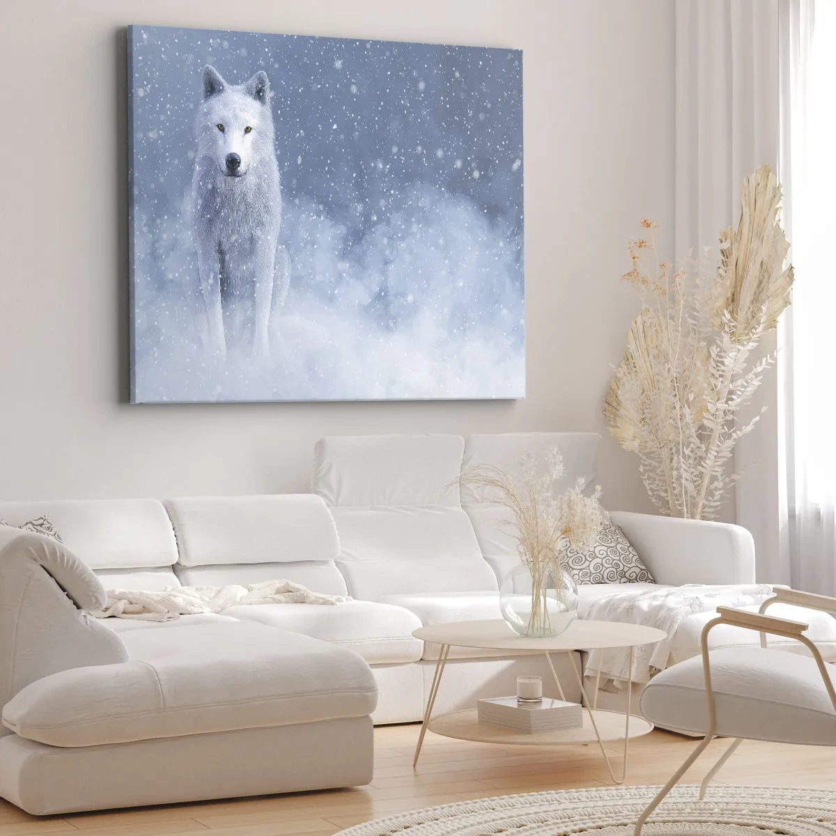 Tablou pe pânză Canvas - Lup alb într-un peisaj înzăpezit - 70x50cm - În stil de iarnă - Decorațiune modernă pentru perete pentru living și dormitor ARTTOR
