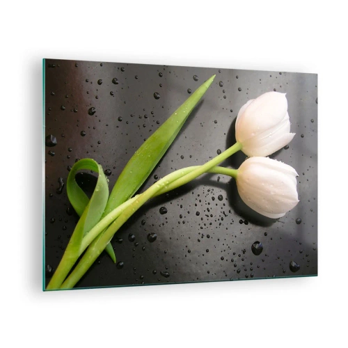 Tablou pe sticlă - Lalele albe pe fundal cu picături de apă - 70x50cm - Țesătură de primăvară - Decorațiune modernă pentru perete pentru living și dormitor ARTTOR