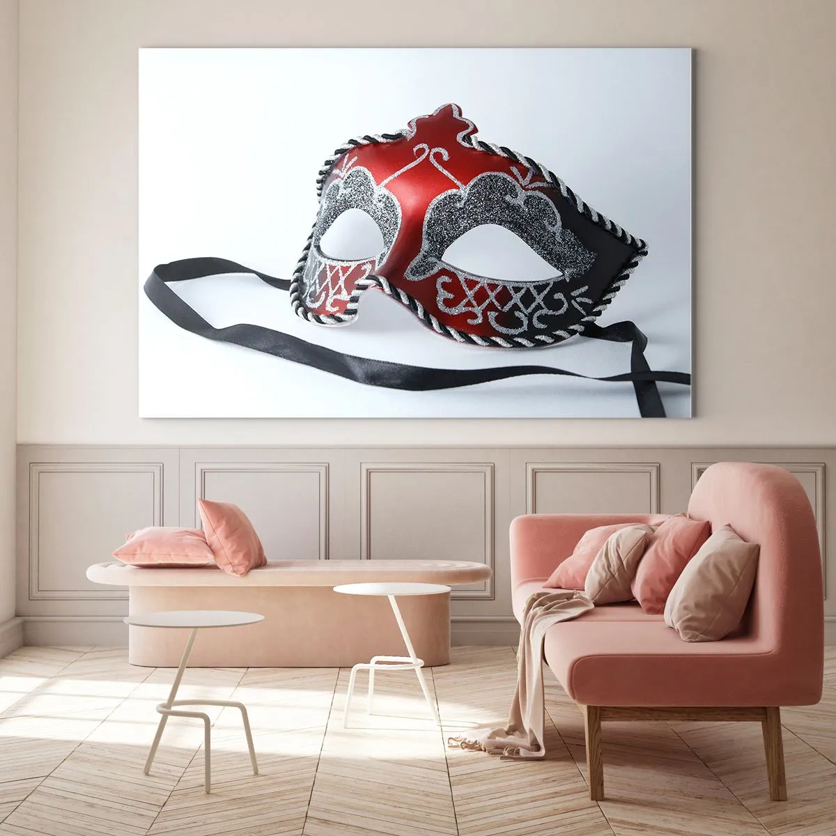 Tablou pe sticlă - Mască de carnaval în roșu și argintiu - 70x50cm - Invitație la bal - Decorațiune modernă pentru perete pentru living și dormitor ARTTOR