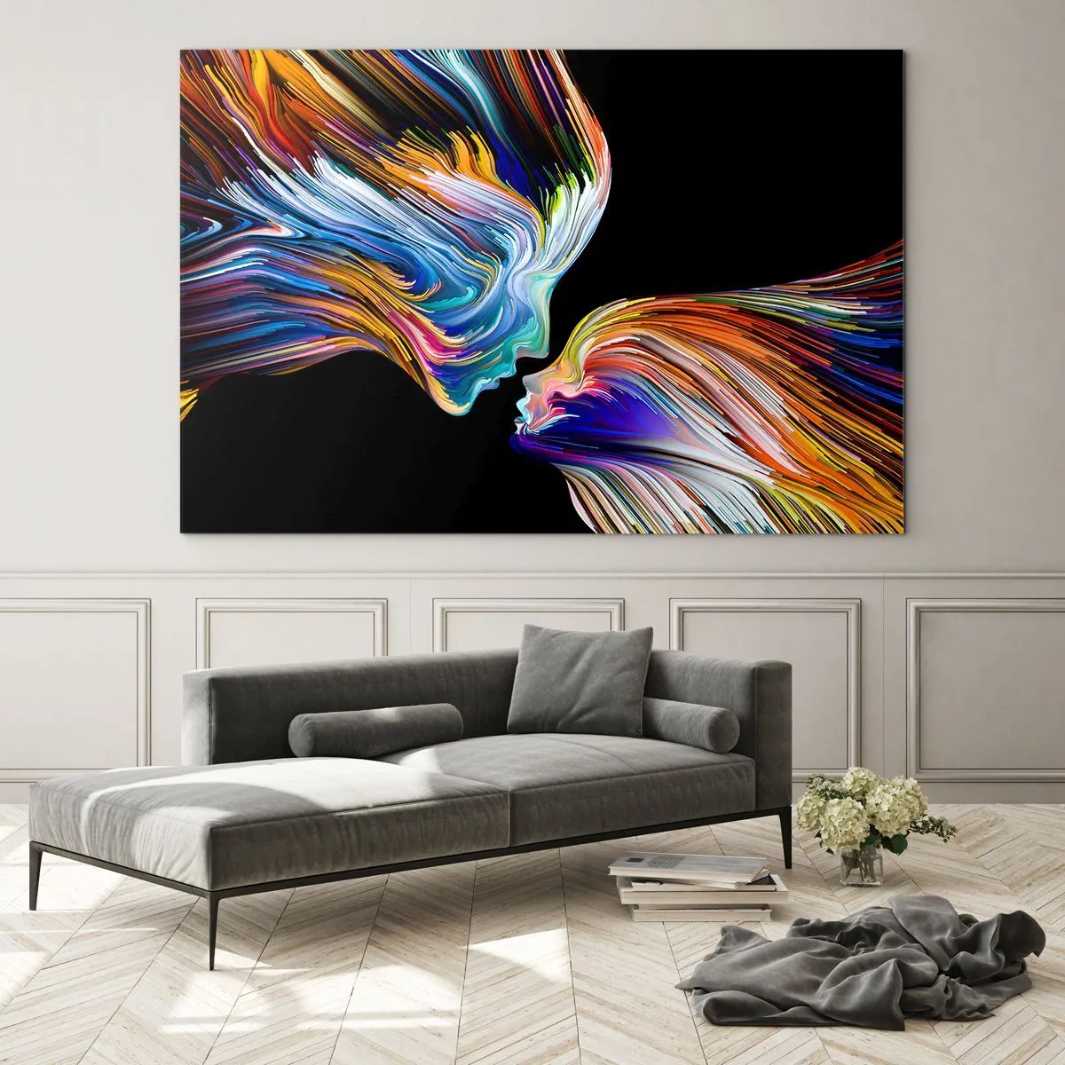 Tablou pe sticlă - O imagine abstractă a două fețe printr-o fuziune de energie și lumină. - 70x50cm - Fuziune de energie și lumină - Decorațiune modernă pentru perete pentru living și dormitor ARTTOR