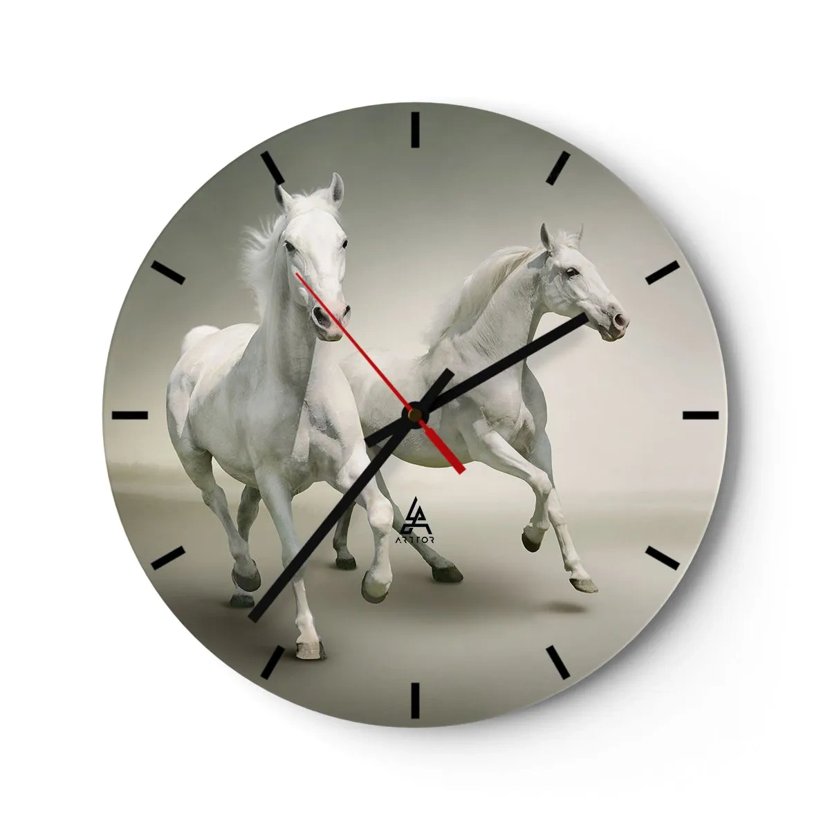 Ceas de perete - Ceas pe sticlă - Doi cai albi alergând pe un fundal luminos - 30x30cm - White power! - Decorațiune modernă pentru perete pentru living, bucătărie și dormitor ARTTOR