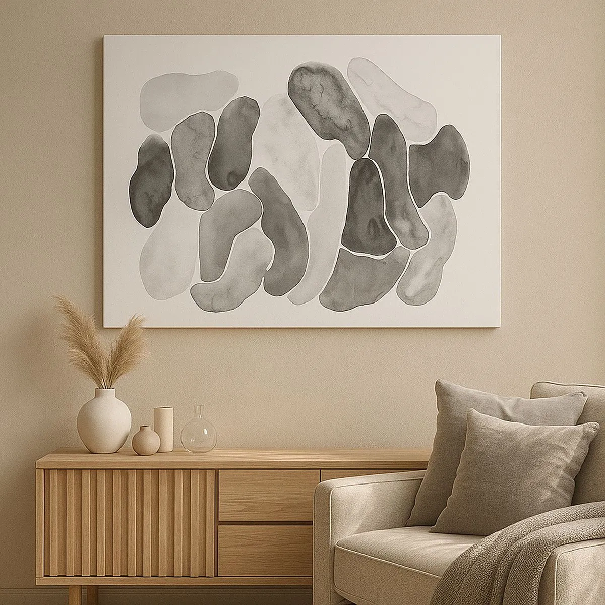 Tablou pe pânză Canvas - Abstracție alb-negru cu pete neregulate pe fundal alb - 70x50cm - Abstracție pietroasă - Decorațiune modernă pentru perete pentru living și dormitor ARTTOR