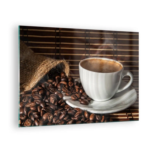 Tablou pe sticlă - O ceașcă de cafea cu boabe pe un fundal rustic - 70x50cm - Negru de cărbune, transparență de chihlimbar - Decorațiune modernă pentru perete pentru living și dormitor ARTTOR