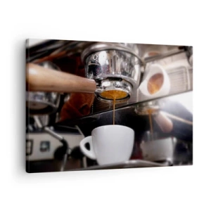 Tablou pe pânză Canvas - Prim-plan al unui aparat de cafea care pregătește un espresso proaspăt - 70x50cm - Cel mai bun moment al zilei - Decorațiune modernă pentru perete pentru living și dormitor ARTTOR