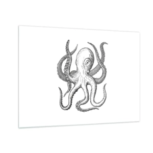 Tablou pe sticlă - Desen alb-negru al unei caracatițe pe fundal alb - 70x50cm - Dansând cu valurile - Decorațiune modernă pentru perete pentru living și dormitor ARTTOR