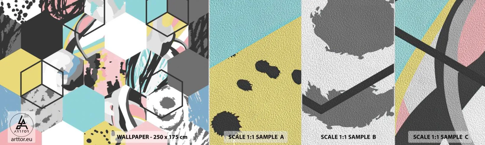 Mostră tapet Premium Sand - Hexagoane și cuburi în șase culori - Abstracția, Bucată, Model modern - 100x30 cm