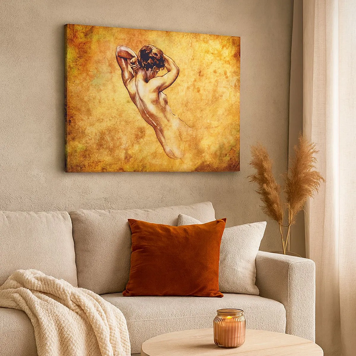 Tablou pe pânză Canvas - Nud feminin artistic pe fundal auriu în stil clasic - 70x50cm - Dezvăluit, dar încă un mister - Decorațiune modernă pentru perete pentru living și dormitor ARTTOR