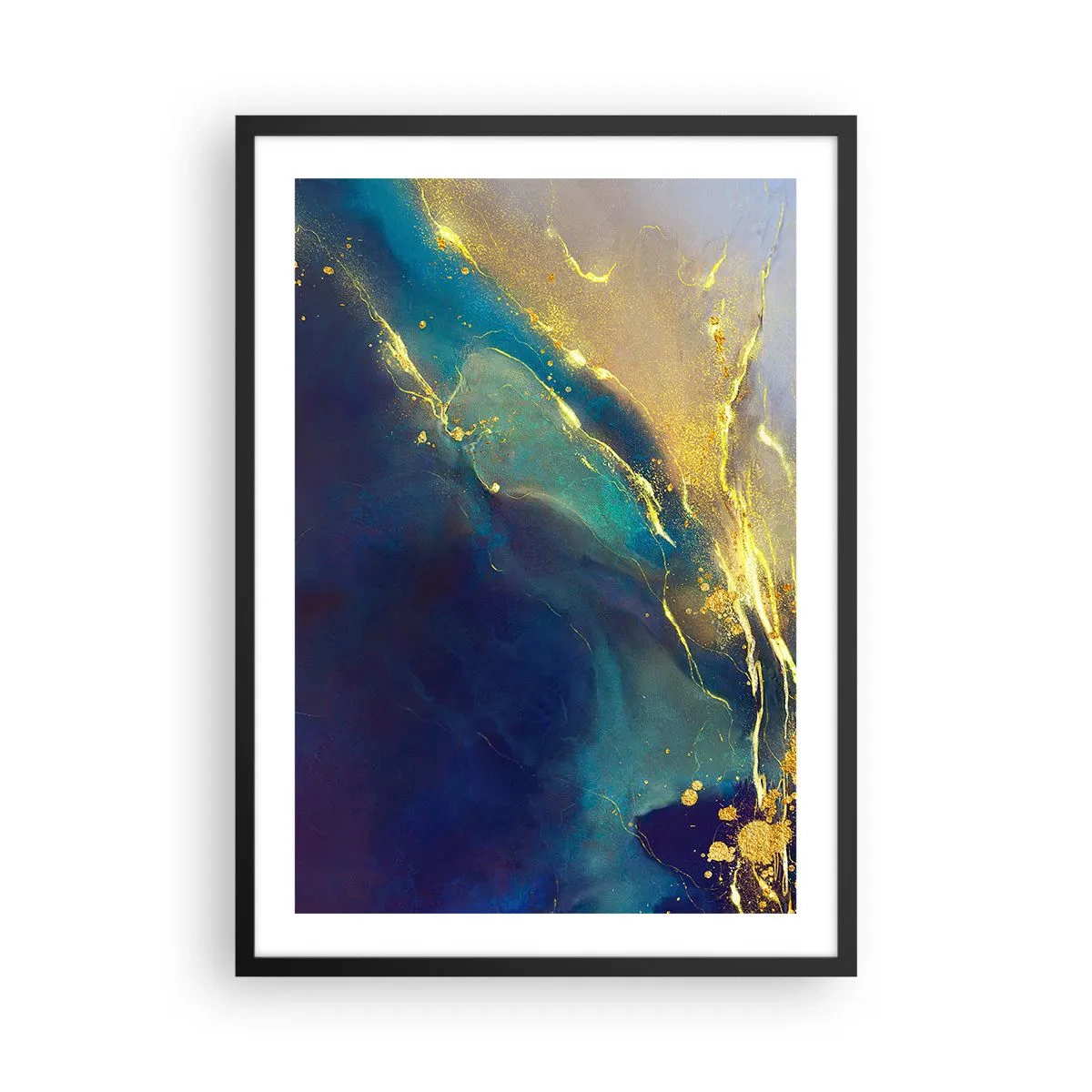Poster în ramă neagră - O compoziție abstractă în nuanțe de albastru marin și auriu - 50x70cm - Baltă de aur - Decorațiune modernă pentru perete pentru living și dormitor ARTTOR