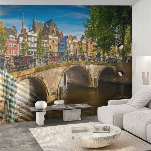Tapet Premium Sand - Primăvara lângă canal - Oraș, Amsterdam, Arhitectură - 350x256 cm