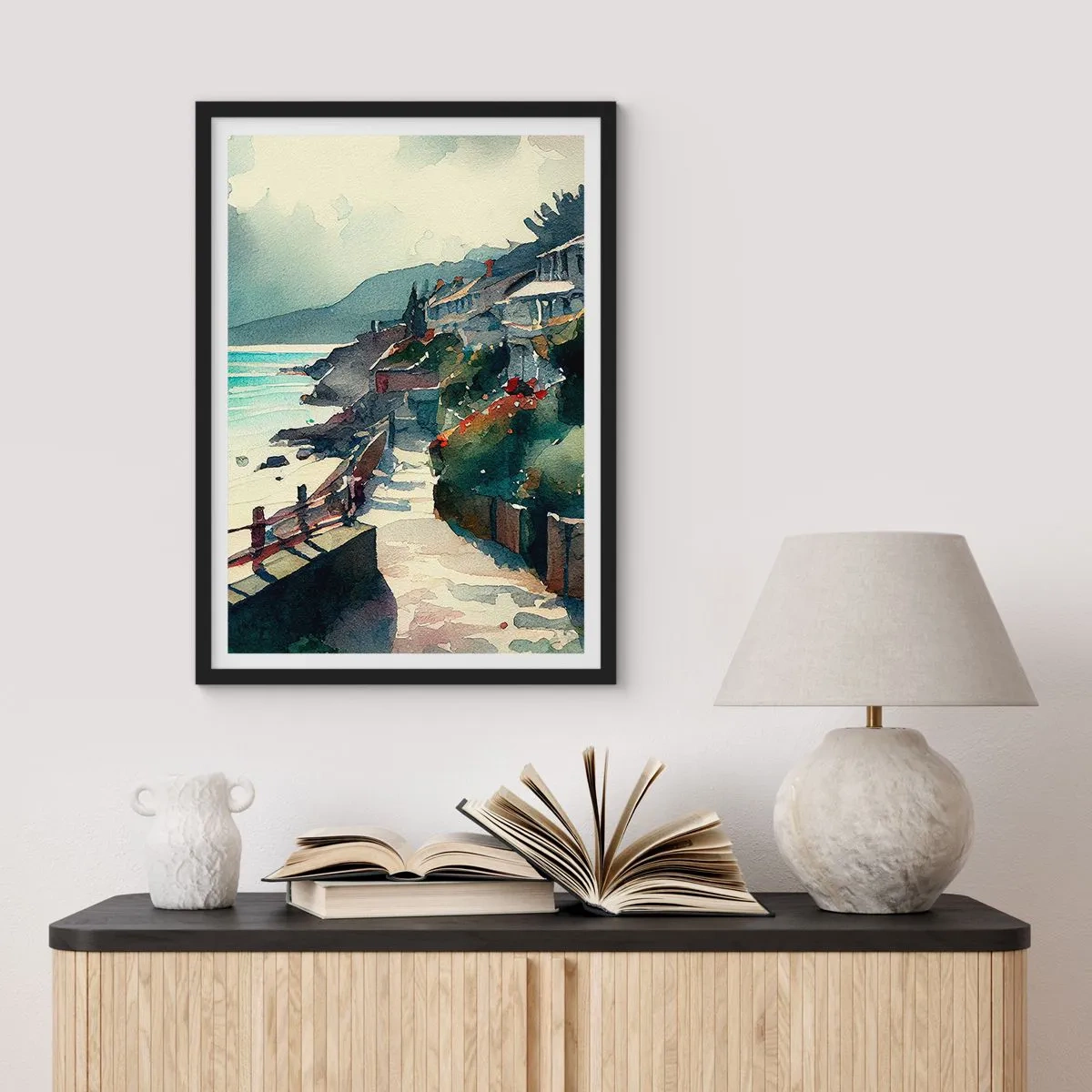 Poster în ramă neagră - O pitorească alee de coastă în stil acuarelă - 50x70cm - Orășel mediteraneean - Decorațiune modernă pentru perete pentru living și dormitor ARTTOR