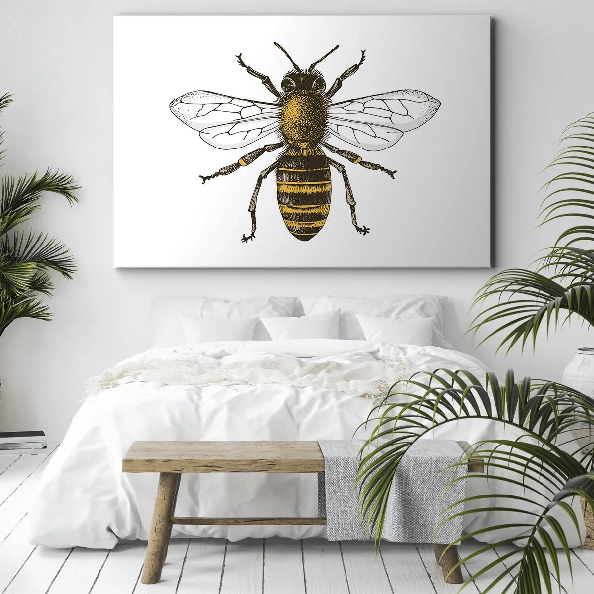 Tablou pe pânză Canvas - Ilustrație detaliată a unei albine pe fundal alb - 70x50cm - Frumoasă și bună - Decorațiune modernă pentru perete pentru living și dormitor ARTTOR