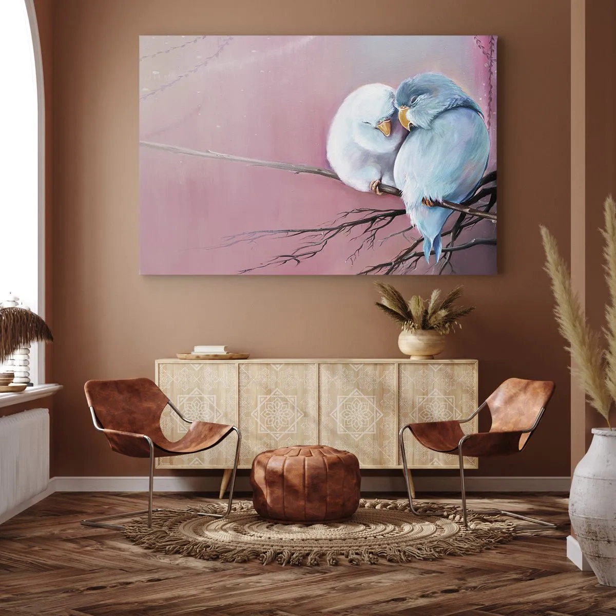 Tablou pe pânză Canvas - Două păsări îndrăgostite pe o ramură pe un fundal roz - 70x50cm - Ce mai este de adăugat?... - Decorațiune modernă pentru perete pentru living și dormitor ARTTOR