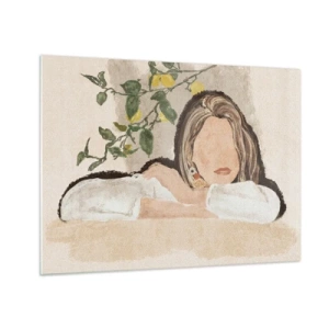 Tablou pe sticlă - O femeie rezemată de o masă printre ramurile unui lămâi, cu o față lipsită de trăsături. - 70x50cm - Frumusețea sudului - Decorațiune modernă pentru perete pentru living și dormitor ARTTOR